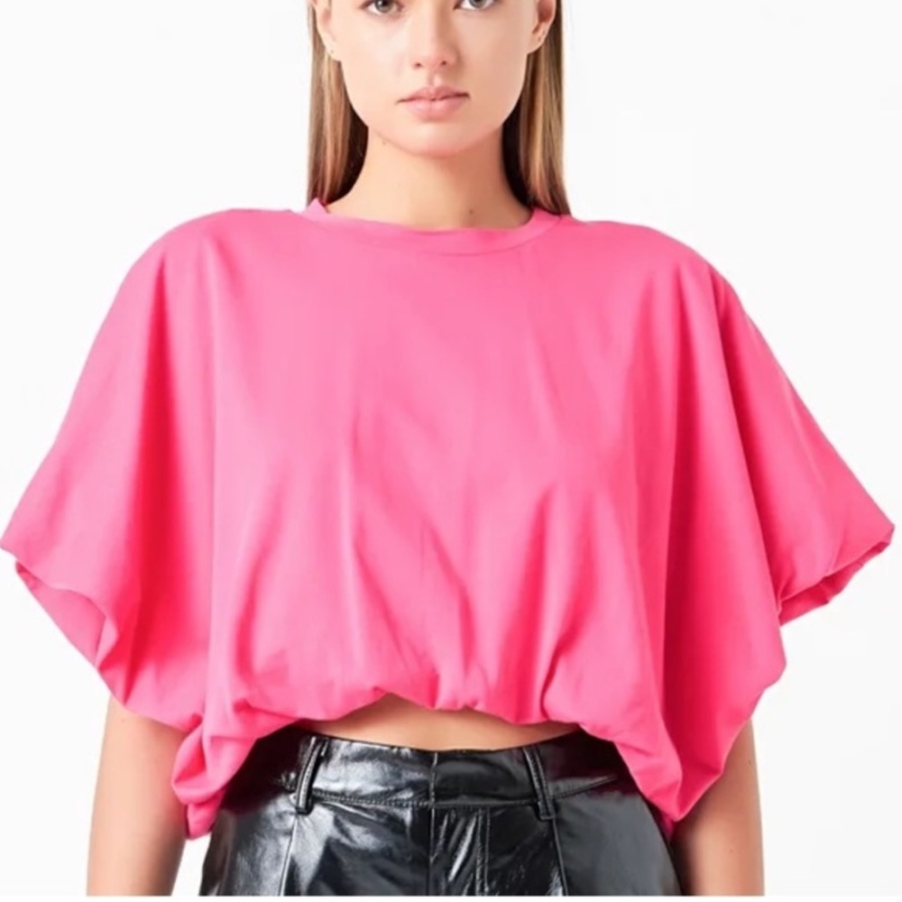 GREY LAB Mid-Weight BRIGHT PINK High Low BUBBLE CROP Knit T-Shirt/Top Sz M